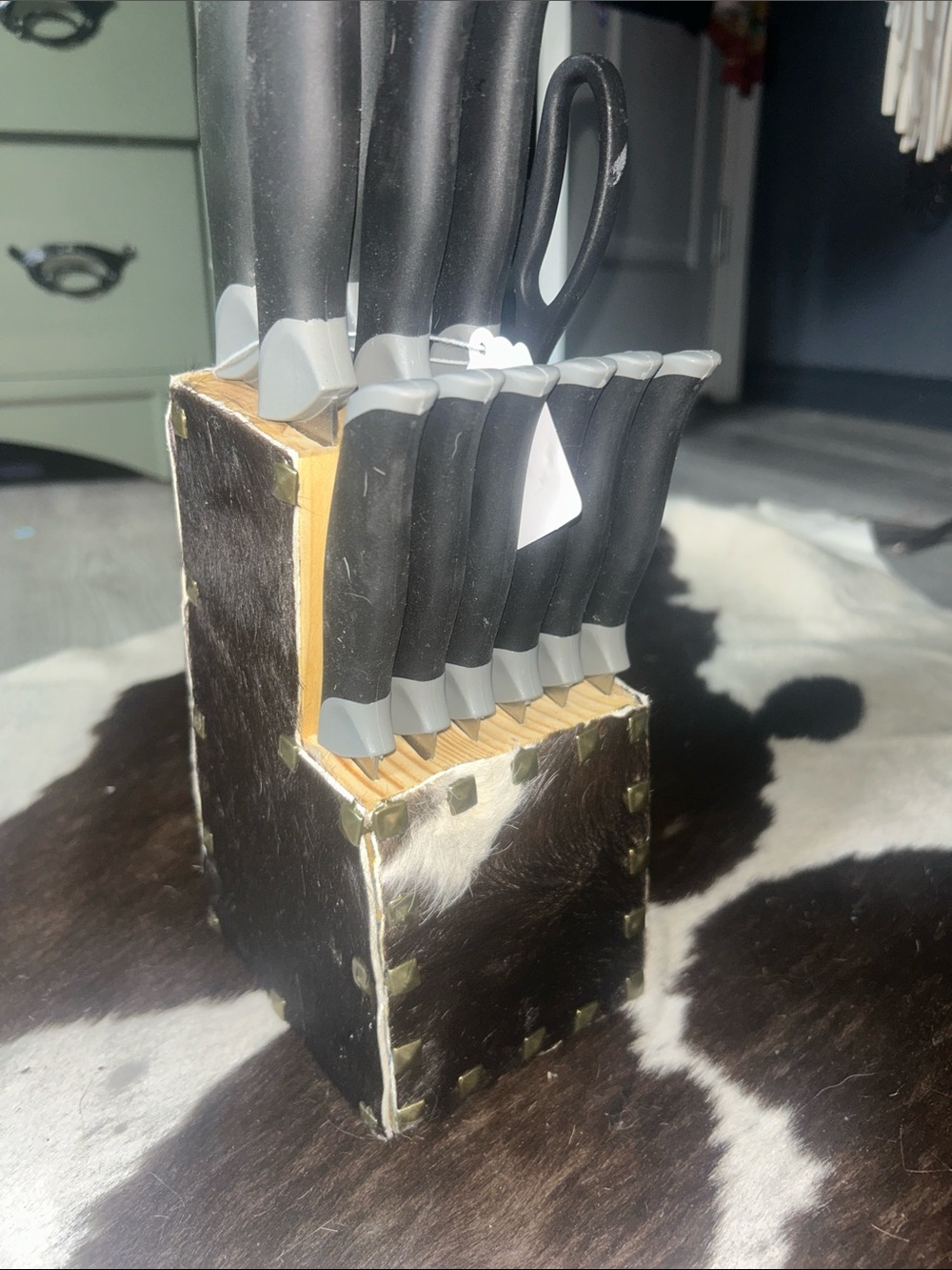 Black and Gray Knife Set with Decorative Wood Block - Unbranded